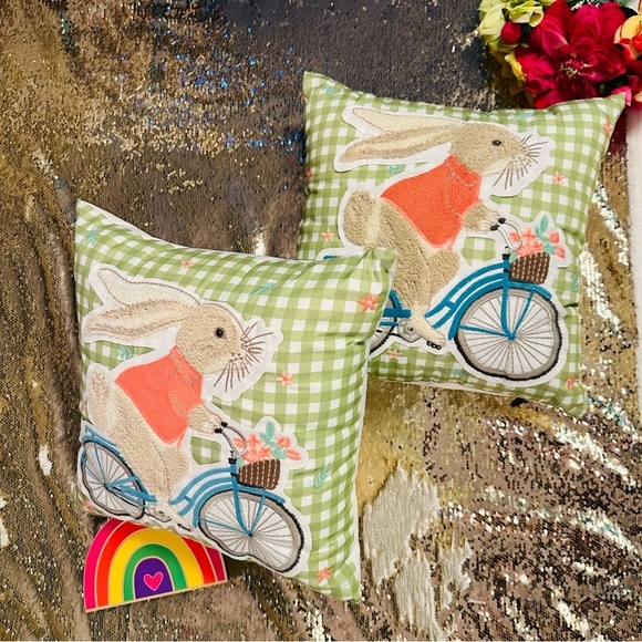 Easter decorative pillow plush bunny riding bicycle - Picture 3 of 13